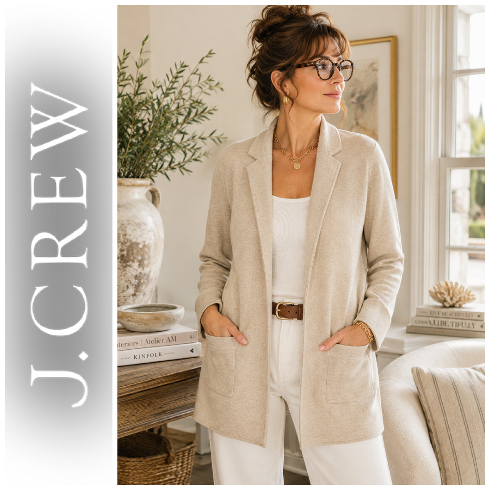 J Crew XL Open Front Sweater Blazer H6915 Tan Beige Cotton Long Cardigan Jacket